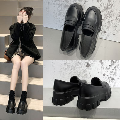 Women's Thick Heel Versatile Black Small Leather Shoes